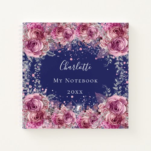 Navy blue pink floral glitter name elegant notebook