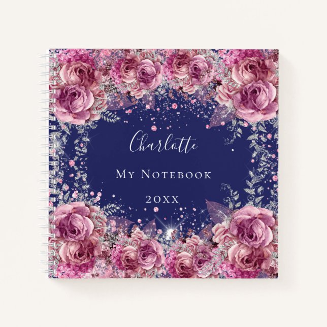 Navy blue pink floral glitter name elegant notebook (Front)