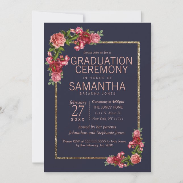 Navy Blue Pink Floral Gold Graduation Ceremony Invitation (Front)