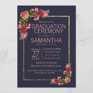 Navy Blue Pink Floral Gold Graduation Ceremony Invitation
