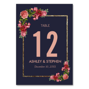 Navy Blue Pink Floral Gold Table Numbers