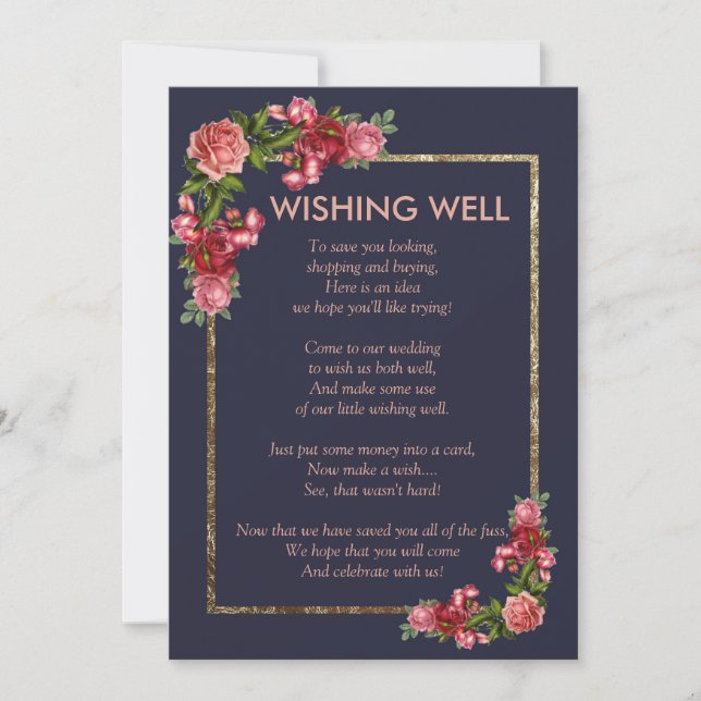 Navy Blue Pink Floral Gold Wishing Well Invitation (Front)