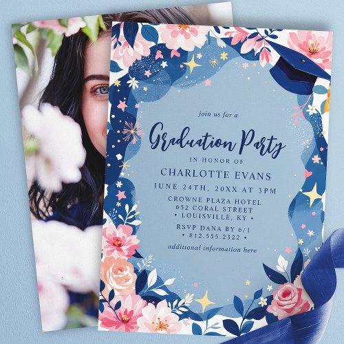 Graduation Invitations 15 Navy Blue Pink Floral Graduation Party Invite