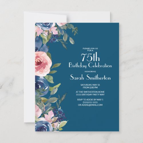 Navy Blue Pink Floral Green Leaves 75th Birthday Invitation