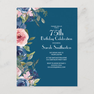 Navy Blue Pink Floral Green Leaves 75th Birthday Invitation