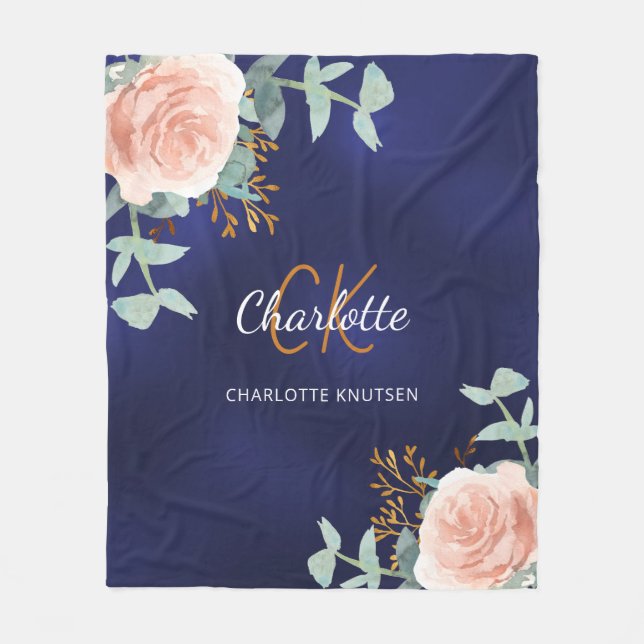 Navy blue pink floral greenery monogram name fleece blanket (Front)