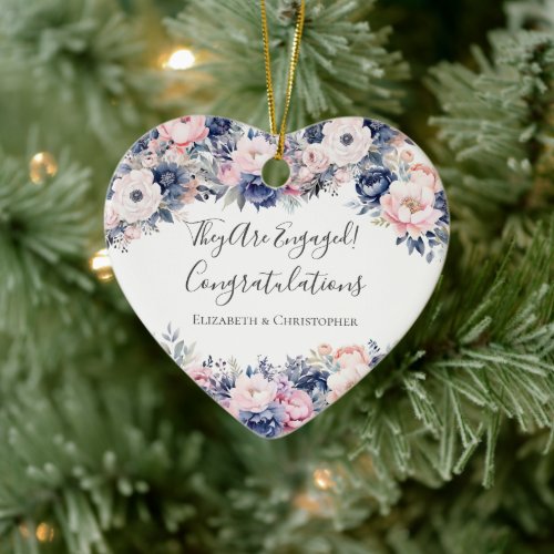 Navy Blue Pink Floral Heart Engagement Ornament 