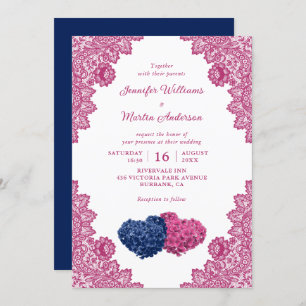 Navy Blue Pink Floral Lace Hydrangea Wedding Invitation