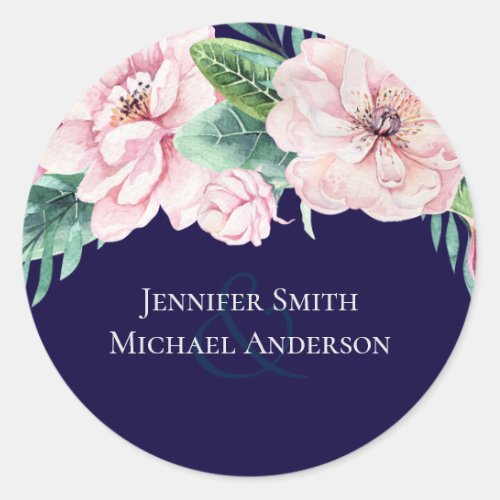 Navy Blue Pink Floral Modern Wedding Budget Classic Round Sticker