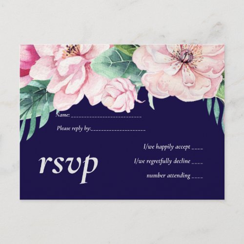 Navy Blue Pink Floral Modern Wedding Budget Invitation Postcard