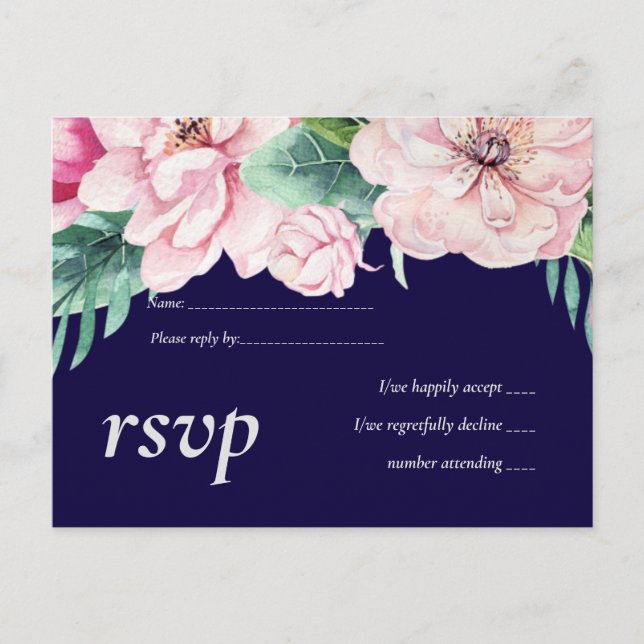 Navy Blue Pink Floral Modern Wedding Budget Invitation Postcard (Front)