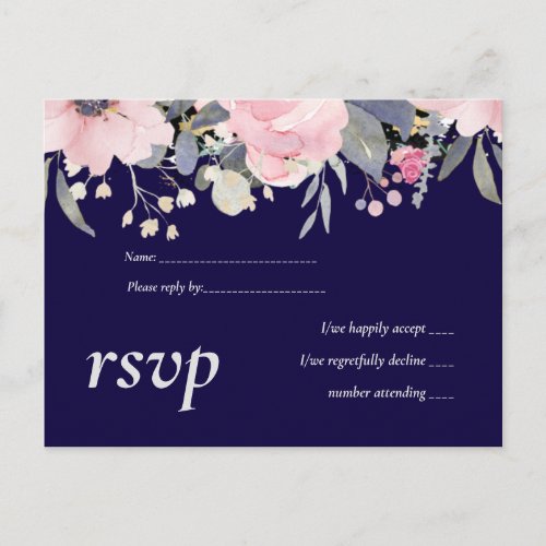 Navy Blue Pink Floral Modern Wedding Budget Invitation Postcard
