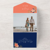 Navy Blue Pink Floral Peach Wedding All In One Invitation (Outside)