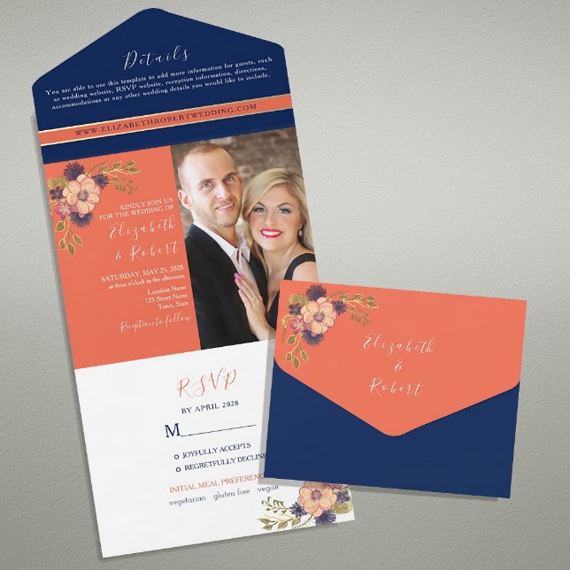 Navy Blue Pink Floral Peach Wedding All In One Invitation