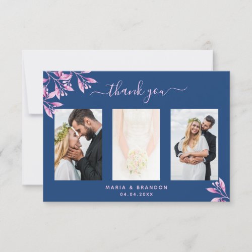 Navy blue pink floral photo wedding tank you thank you card
