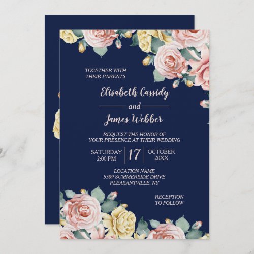 Navy Blue Pink Floral Pretty Wedding Invitation