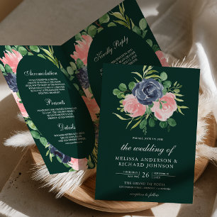 Navy Blue Pink Floral QR Code Emerald Wedding Invitation