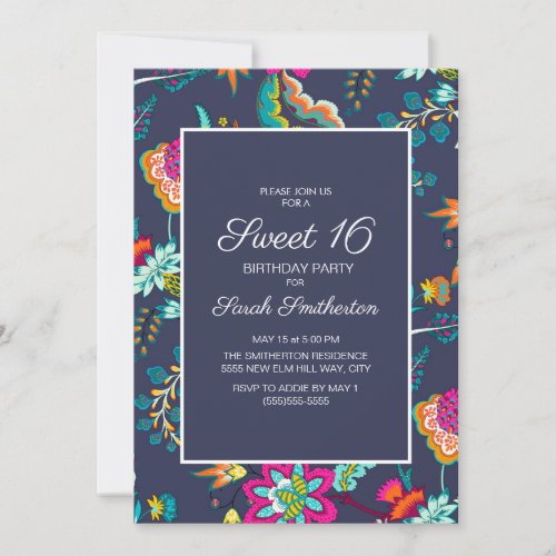 Navy Blue Pink Floral Sweet 16 Birthday Party Invitation