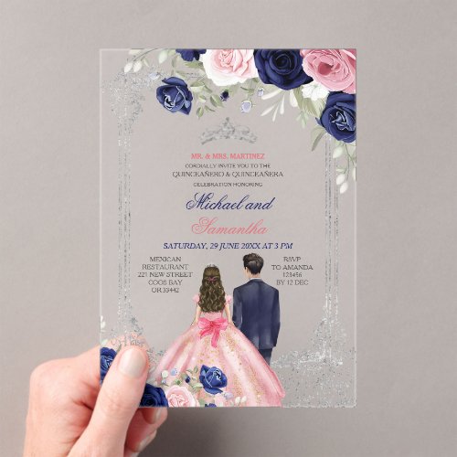 Navy Blue &amp; Pink Floral Twins Silver Quincea&#241;era Acrylic Invitations