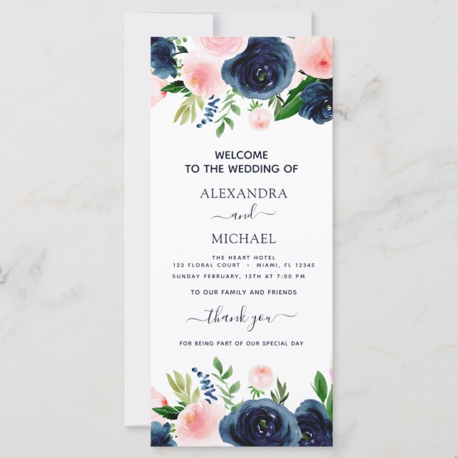 Navy Blue Pink Floral Watercolor Wedding Program (Front)