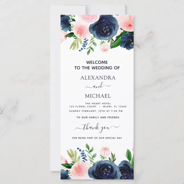 Navy Blue Pink Floral Watercolor Wedding Program | Zazzle
