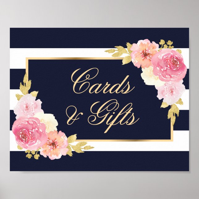 Navy Blue Pink Floral Wedding Cards and Gifts Sign (Front)