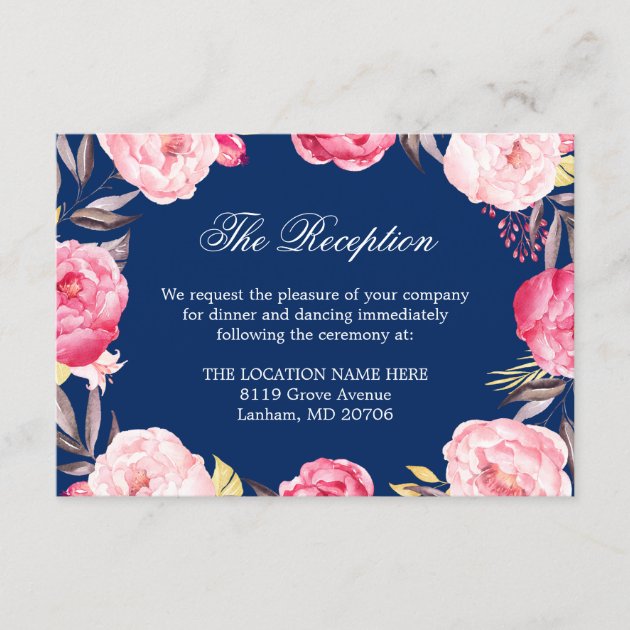 Navy Blue Pink Floral Wedding Details Reception Enclosure Card