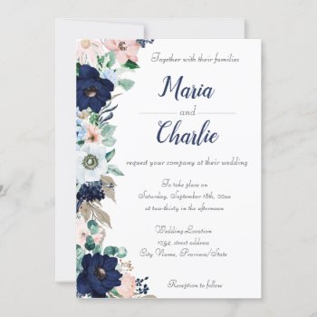 Navy Blue & Pink Floral Wedding Invitation by rheasdesigns at Zazzle