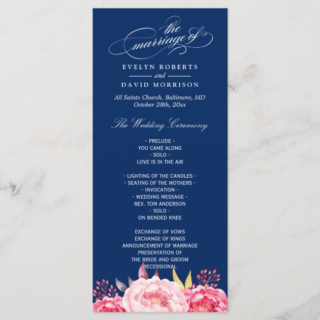Navy Blue Pink Floral Wedding Program Template