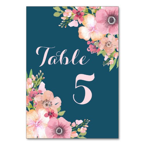 Navy Blue Pink Floral Wedding Table Number