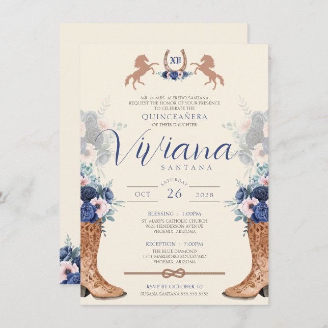 Navy Blue Pink Floral Western Charro Quinceanera I Invitation (Front/Back)