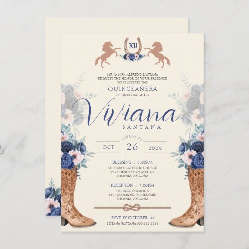 Navy Blue Pink Floral Western Charro Quinceanera I Invitation