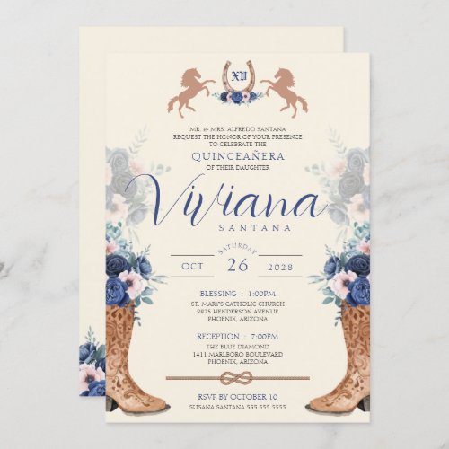 Navy Blue Pink Floral Western Charro Quinceanera Invitation