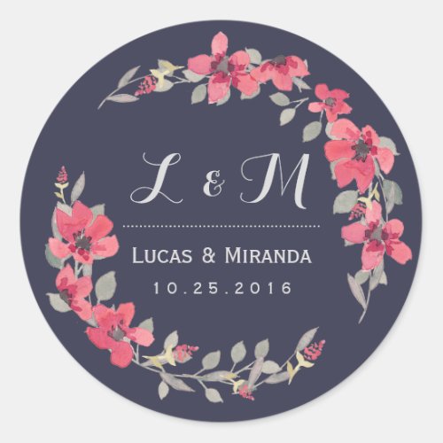 Navy Blue Pink Floral Wreath Wedding Favor Sticker