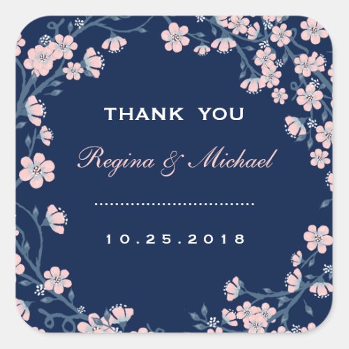 Navy Blue Pink Floral Wreath Wedding Favor Sticker