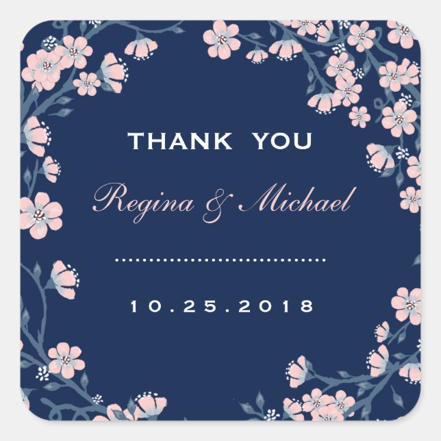 Navy Blue Pink Floral Wreath Wedding Favor Sticker (Front)