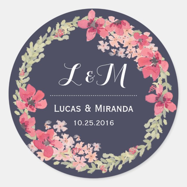 Navy Blue Pink Floral Wreath Wedding Favor Sticker (Front)