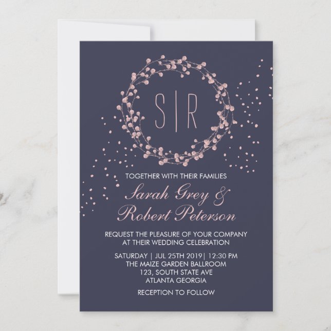 Navy Blue Pink Floral Wreath Wedding Invitation (Front)