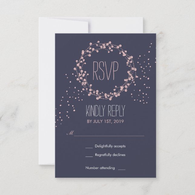 Navy Blue Pink Floral Wreath Wedding RSVP Card (Front)