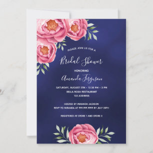 Navy Blue pink florals Bridal Shower Invitation