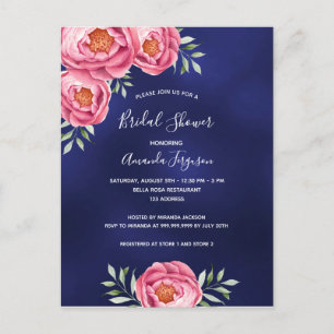 Navy blue pink florals Bridal Shower invitation Postcard