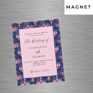 Navy blue pink florals retro luxury wedding magnetic invitation