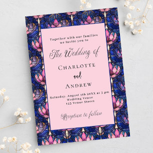 Navy blue pink florals retro wedding invitation