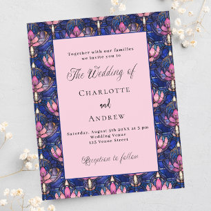 Navy blue pink florals retro wedding invitation flyer