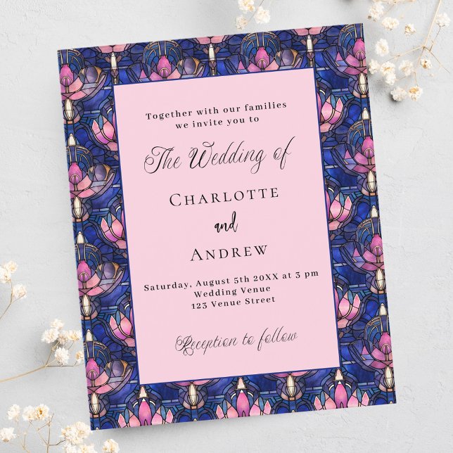 Navy blue pink florals retro wedding invitation flyer (Creator Uploaded)