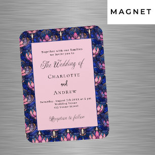 Navy blue pink florals retro wedding invitation magnet