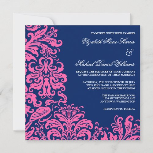 Navy Blue Pink Flourish Damask Wedding Invitations