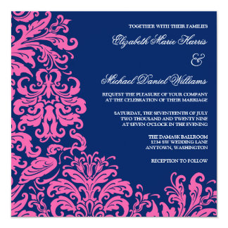 Navy Blue Pink Flourish Damask Wedding Invitations