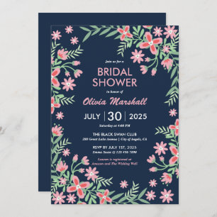 Navy Blue Pink Flower Swirl Floral Bridal Shower Invitation