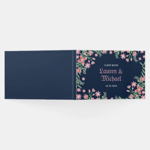 Navy Blue Pink Flower Swirl Spring Floral Wedding Guest Book